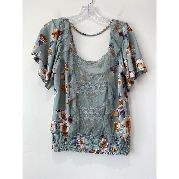BKE Gimmicks Sheer Lace Crop Top Size M Floral Smocked Sheer Fairy Romantic Boho - Picture 9 of 10